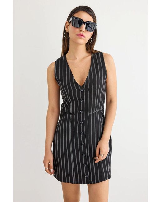 Hiccup Black Striped Sleeveless Mini Dress With V-Neck And Buttoned Details