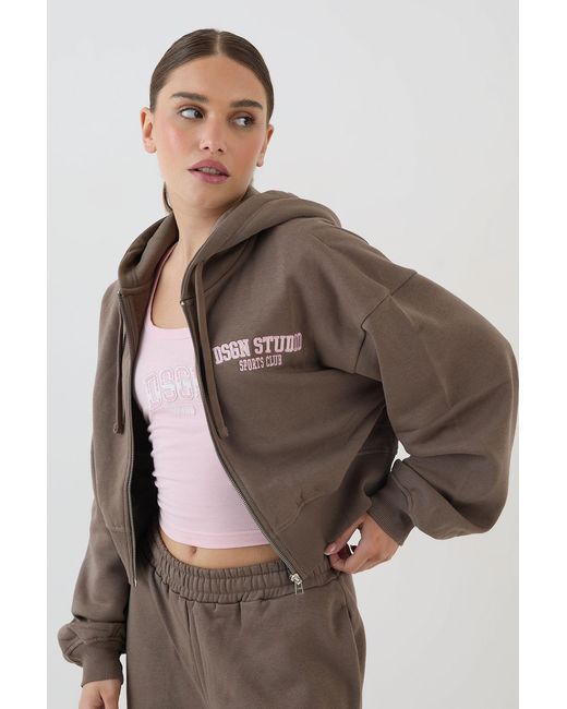 DSGN Studio Brown Applique Boxy Crop Zip Through Hoodie
