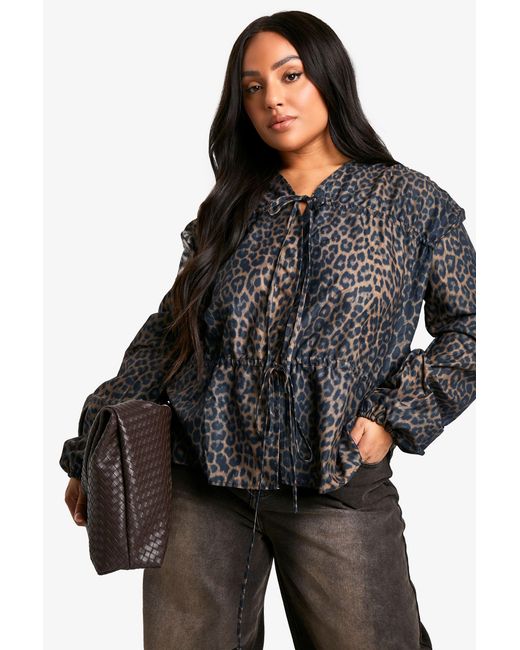 Boohoo Black Plus Leopard Tie Front Ruched Smock Top