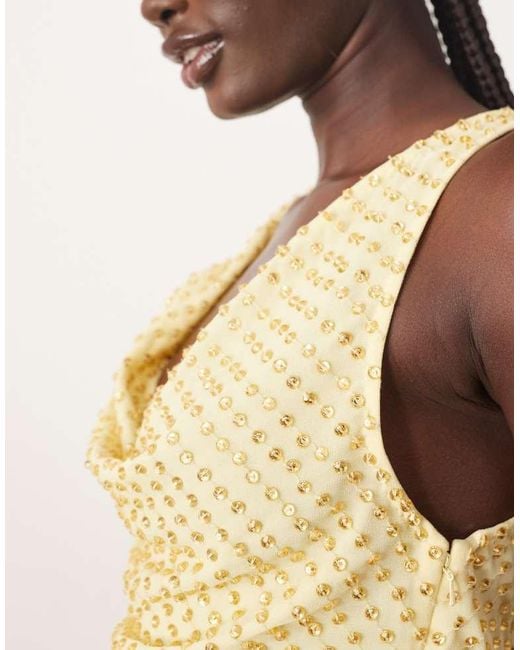 ARRANGE Natural Embellished Crystal Drape Maxi Dress With Twist Detail
