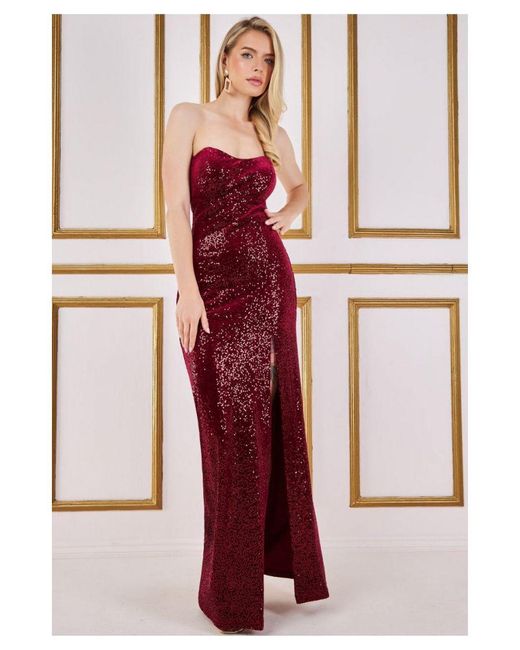 Goddiva Red Sequin Velvet Bandeau Maxi Dress