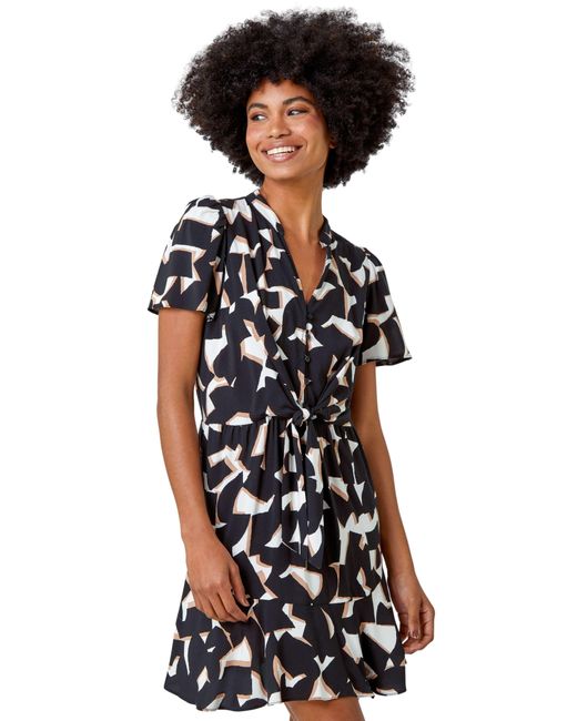 Roman Black Geometric Print Frill Hem Dress