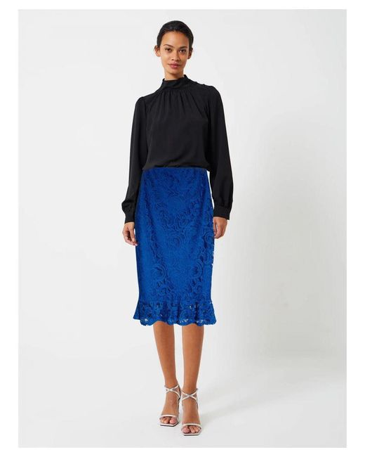 Wallis Blue Lace Pencil Skirt Frill Hem