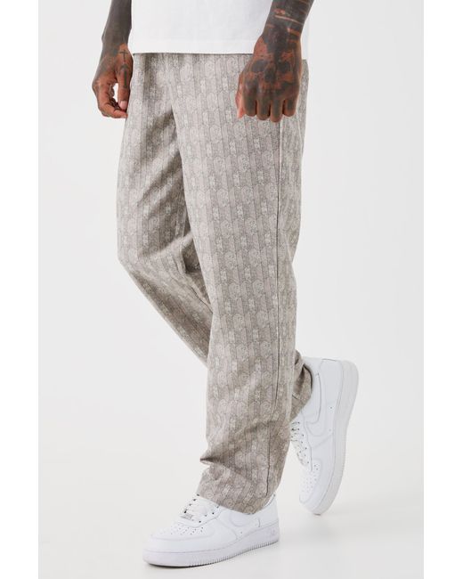 BoohooMAN Gray Elastic Waist Straight Woven Geo Pants for men