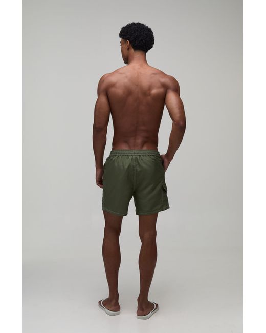 BoohooMAN Green Constrast Stitch Cargo Pocket Mid Length Swim Short for men