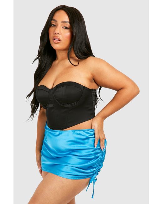 Boohoo Blue Plus Satin Detail Ruched Side Mini Skirt