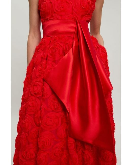 Karen Millen Red Rosette Tulle Satin Belt Woven Prom Dress