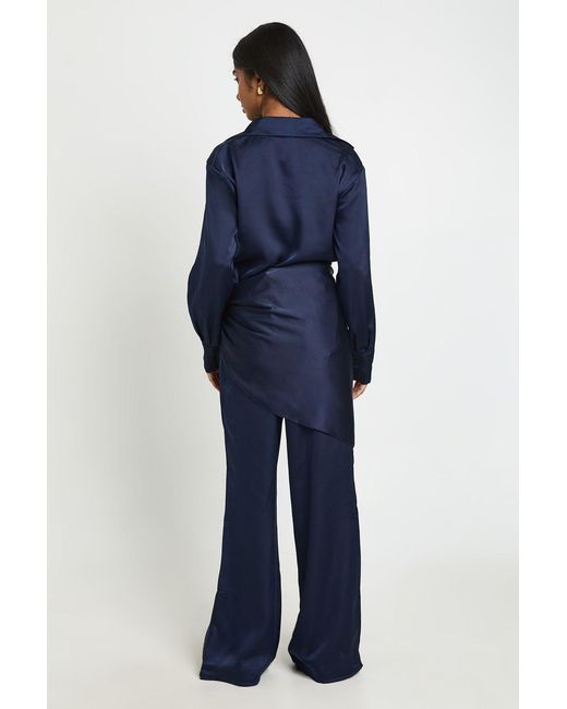 Boohoo Blue Satin Shirt Trouser Co-Ord With Tie Waist
