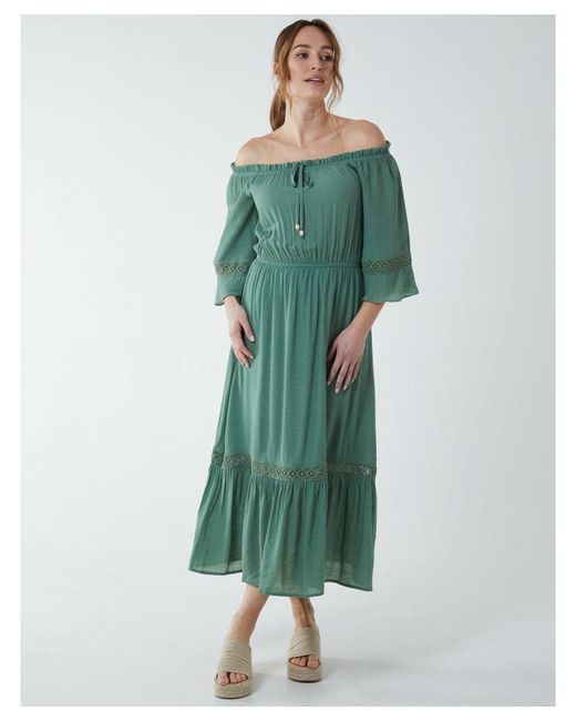 Blue Vanilla Green Off Shoulder Elasticated Lace Insert Midi Dress