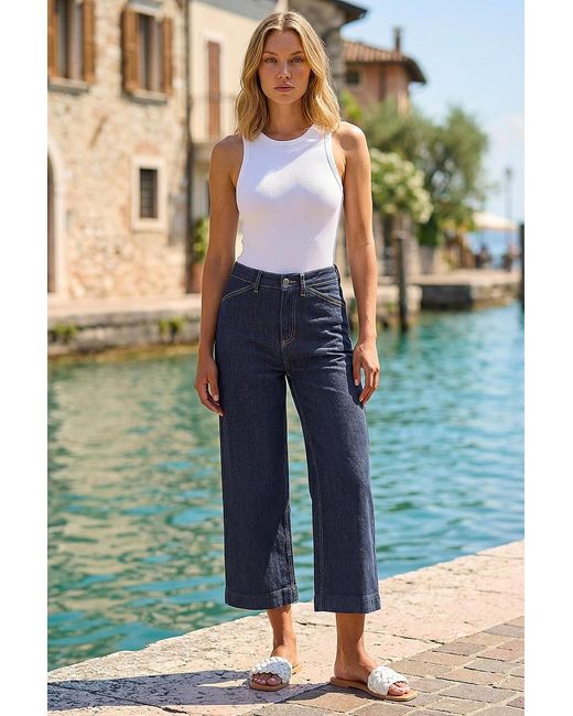 Roman Blue Wide Leg Stretch Denim Cropped Culottes