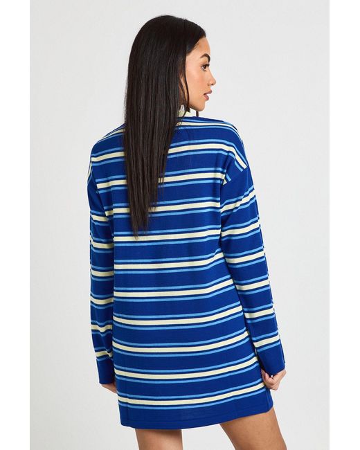 Boohoo Blue Stripe Long Sleeve Knitted Mini Dress