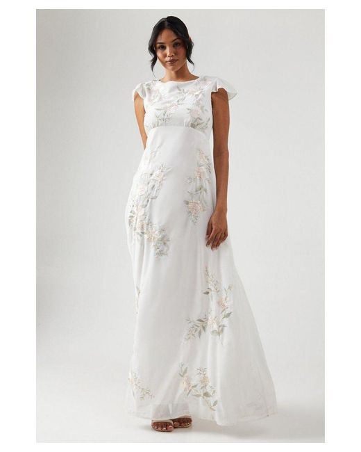 Coast White Rose Embroidered Flutter Sleeve Bridesmaids Maxi Dress