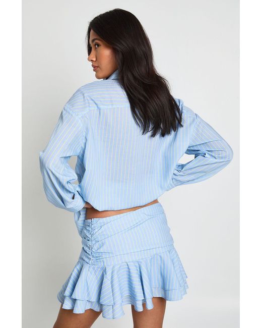 Boohoo Blue Ruched Ruffle Hem Stripe Mini Skirt