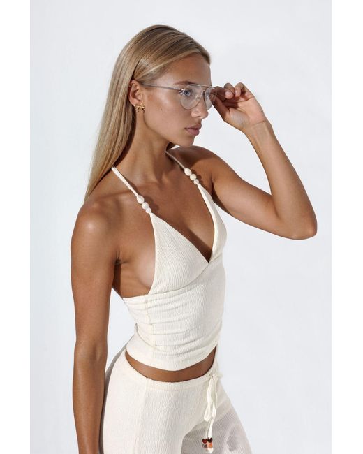 Busem White Fitted Halterneck Crop Blouse With Tie Detail