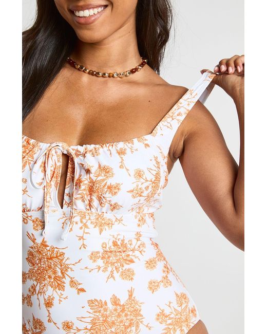 Boohoo White Floral Ruched Detail Swimsuit