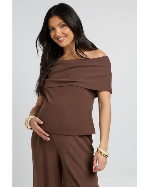 Boohoo Brown Maternity Soft Rib Bardot Top & Wide Leg Trouser Co Ord