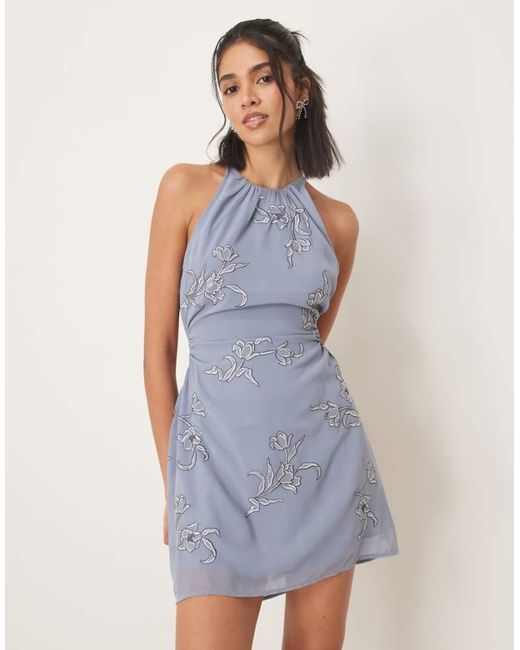 ASOS Blue All Over Floral Embroidered Halter Mini Dress With Open Back