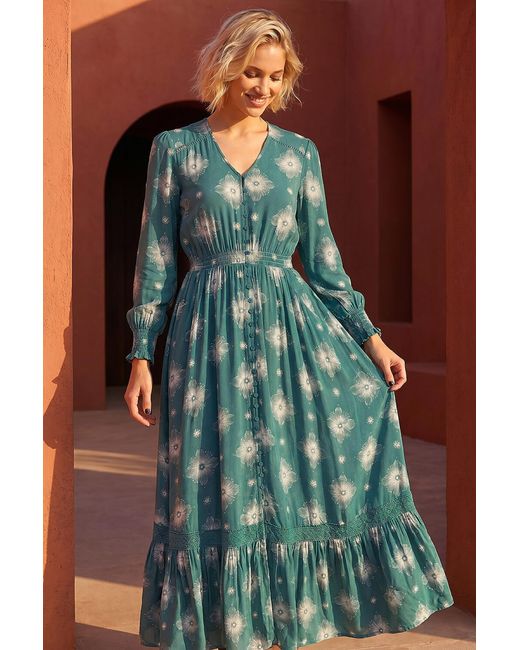 Roman Blue Floral Lace Trim Midi Dress