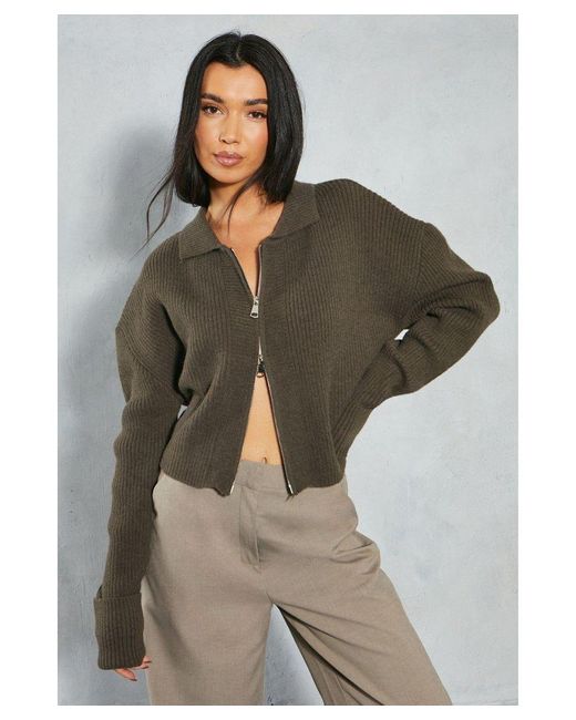 MissPap Gray Knitted Ribbed Zip Through Cardigan