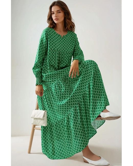 Hiccup Green Printed Crew Neck Viscose Maxi Dress