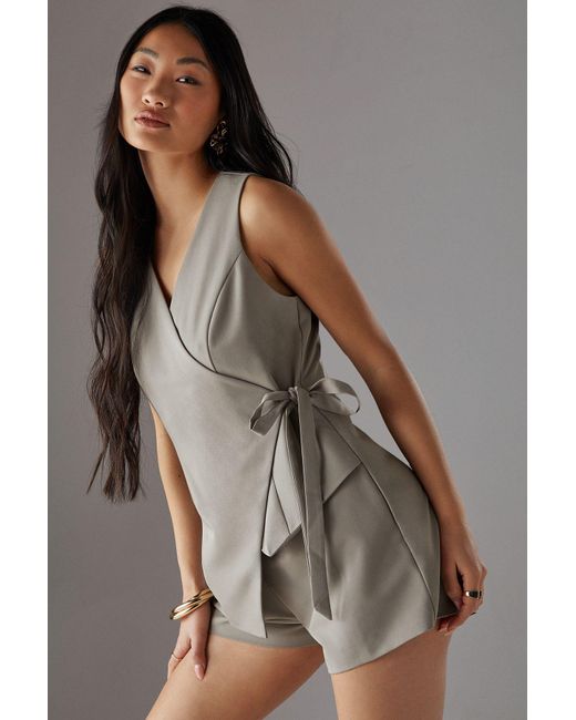 Warehouse Brown Petite Tailored Waistcoat Tie Side Playsuit