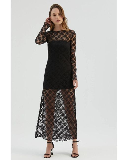 Hiccup Black Lace High Neck Mesh Maxi Dress With A Side Slit