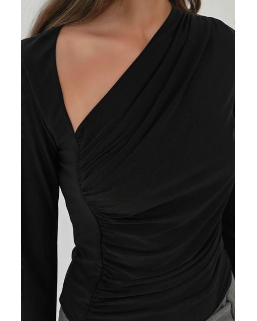 Hiccup Black Asymmetrical Collar Long Sleeve Soft Touch Knitted Top