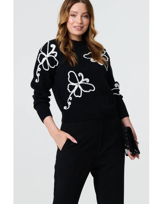 Izabel London Black Butterfly Print Embellished Jumper