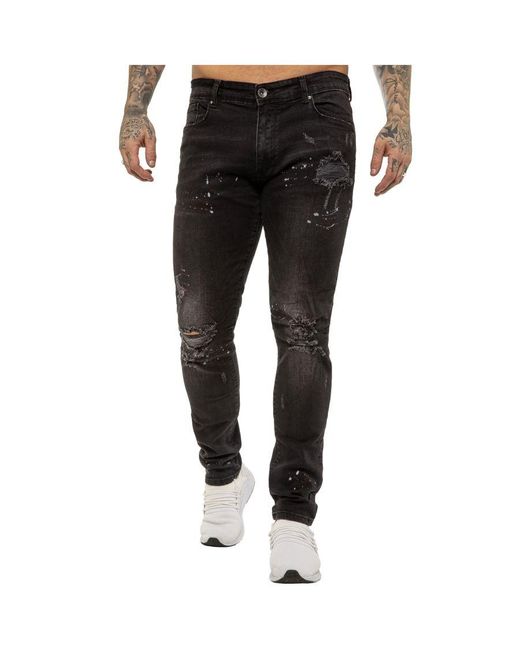 Enzo Black Skinny Ripped Splashed Jeans for men