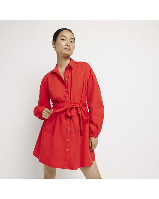 River Island Red Mini Shirt Dress Tie Waist Long Sleeve Cotton