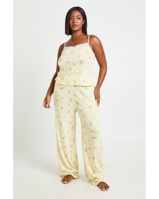 Boohoo Natural Plus Pointelle Bunny Print Cami And Trouser Pj Set