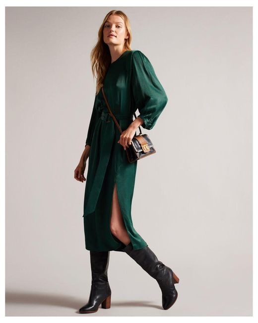 Ted Baker Green Josina Belted Midi Dress With Exaggerated Shoulder
