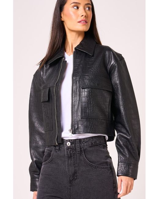 Barney's Originals Black Real Leather Cropped Croc Print Jacket