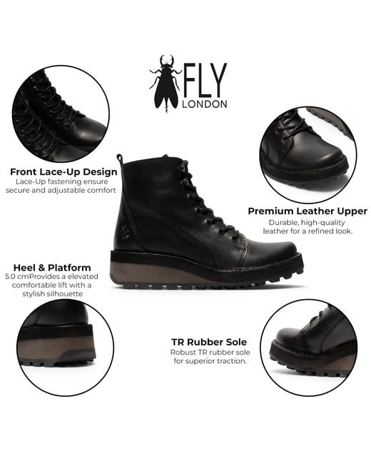 Fly London Black Leather Lace-Up Ankle Boots