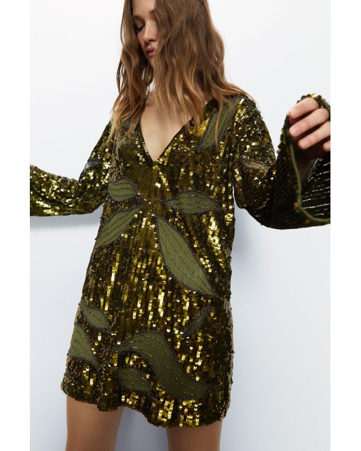warehouse green sequin dress Cut Out Panel Mini in mini linen dress