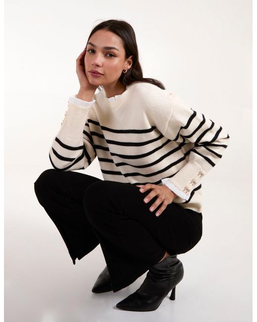 Blue Vanilla Black Horizontal Stripes Bow Button Detailed Jumper