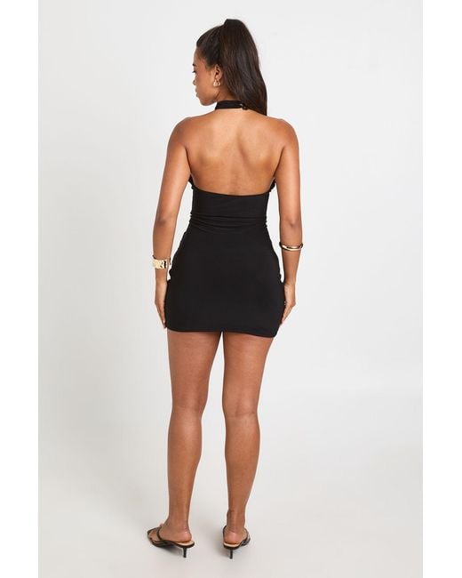 Boohoo Black Slinky Halterneck Drape Skirt Mini Dress