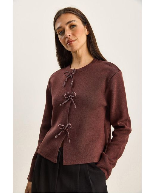 Bianco Lucci Purple Crew Neck Knit Cardigan With Bow Detail