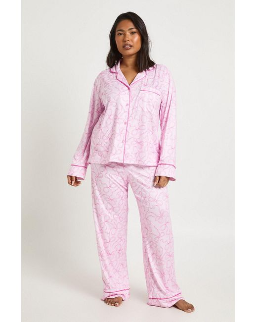 Boohoo Pink Plus Bow Print Long Sleeve Shirt & Trouser Pyjama Set