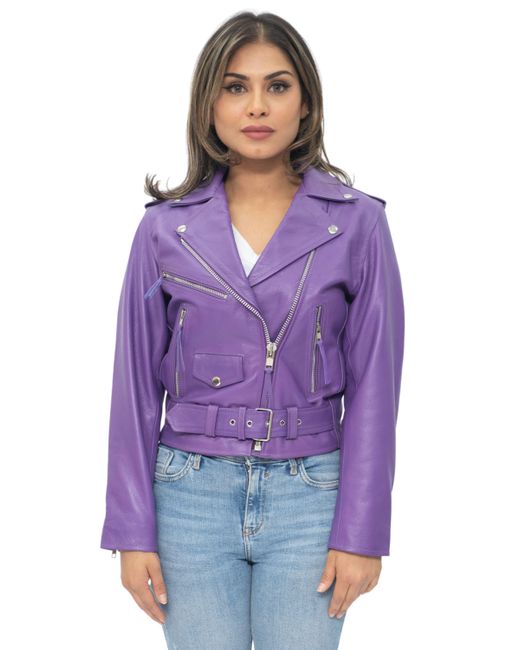 Infinity Leather Purple Cowhide Brando Biker Jacket-Murcia