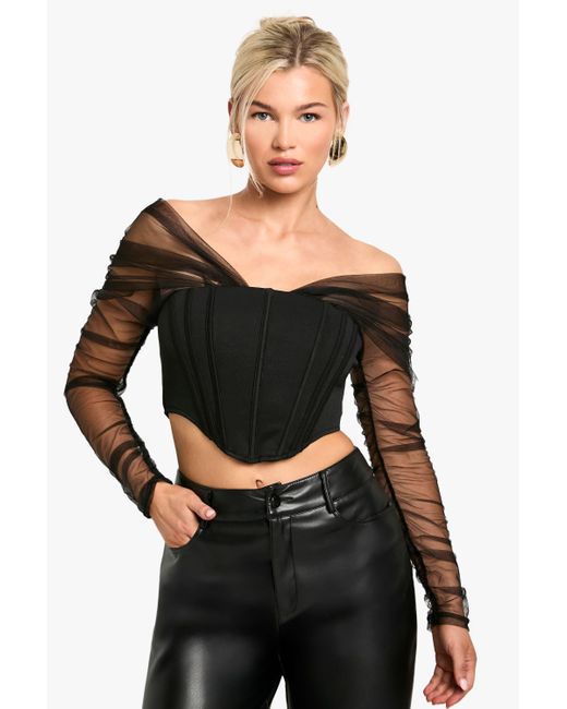 Boohoo Black Ruched Mesh Long Sleeve Corset