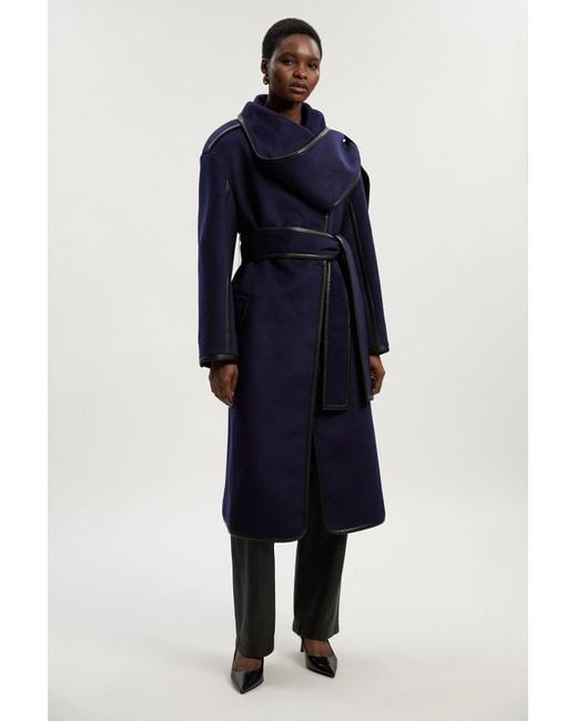 Karen Millen Blue Tall Brushed Wool Pu Mix Scarf Neck Belted Tailored Maxi Coat