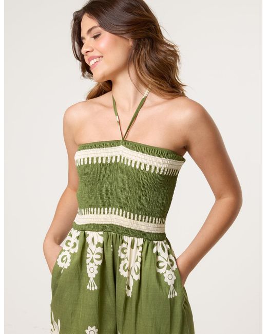 Blue Vanilla Green Strapless Shirred Waist Jumpsuit