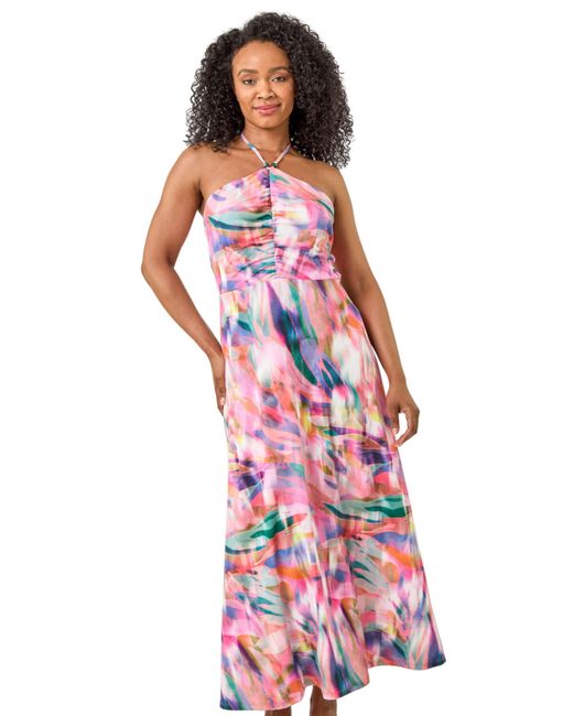 Roman Petite Abstract Gathered Halter Maxi Dress