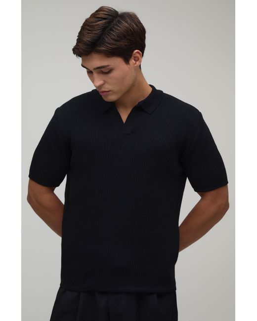 BoohooMAN Black Regular Fit Cotton Blend Ribbed Knitted Polo for men