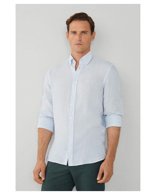 Hackett Blue Linen Long Sleeved Shirt Sky for men