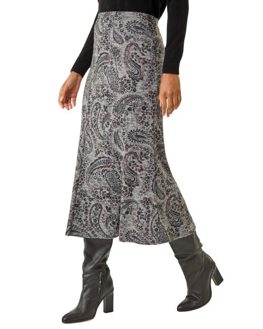 Roman Black Paisley Print Stretch Midi Skirt