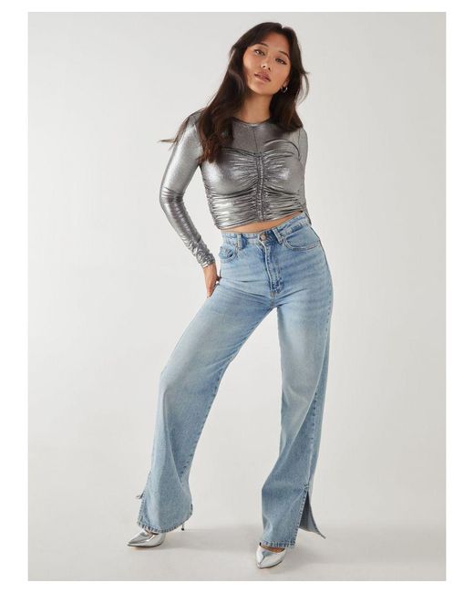 Pink Vanilla Gray Metallic Ruched Long Sleeve Top