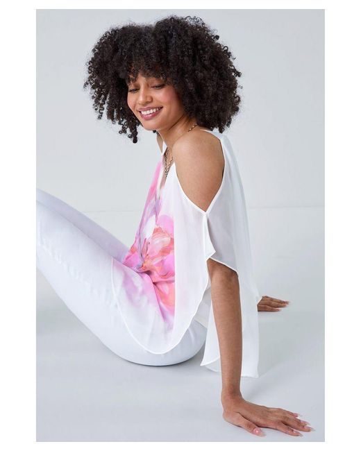 Roman White Floral Print Cold Shoulder Overlay Top