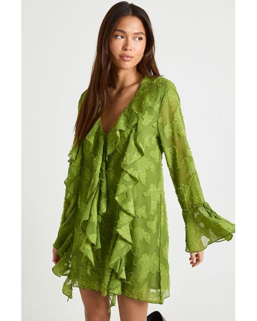 Boohoo Green Burnout Floral Ruffle Shift Dress